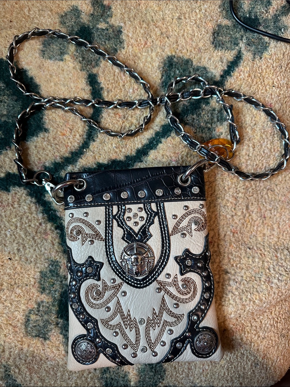 Studded Black and Cream Embossed Crossbody with Chain Strap